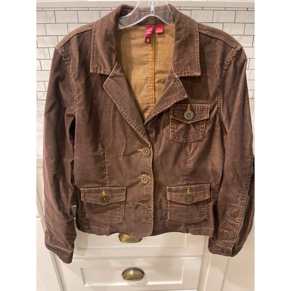 SO Corduroy Jacket Womens Large Brown Trucker Cinch Back Button Front Utility